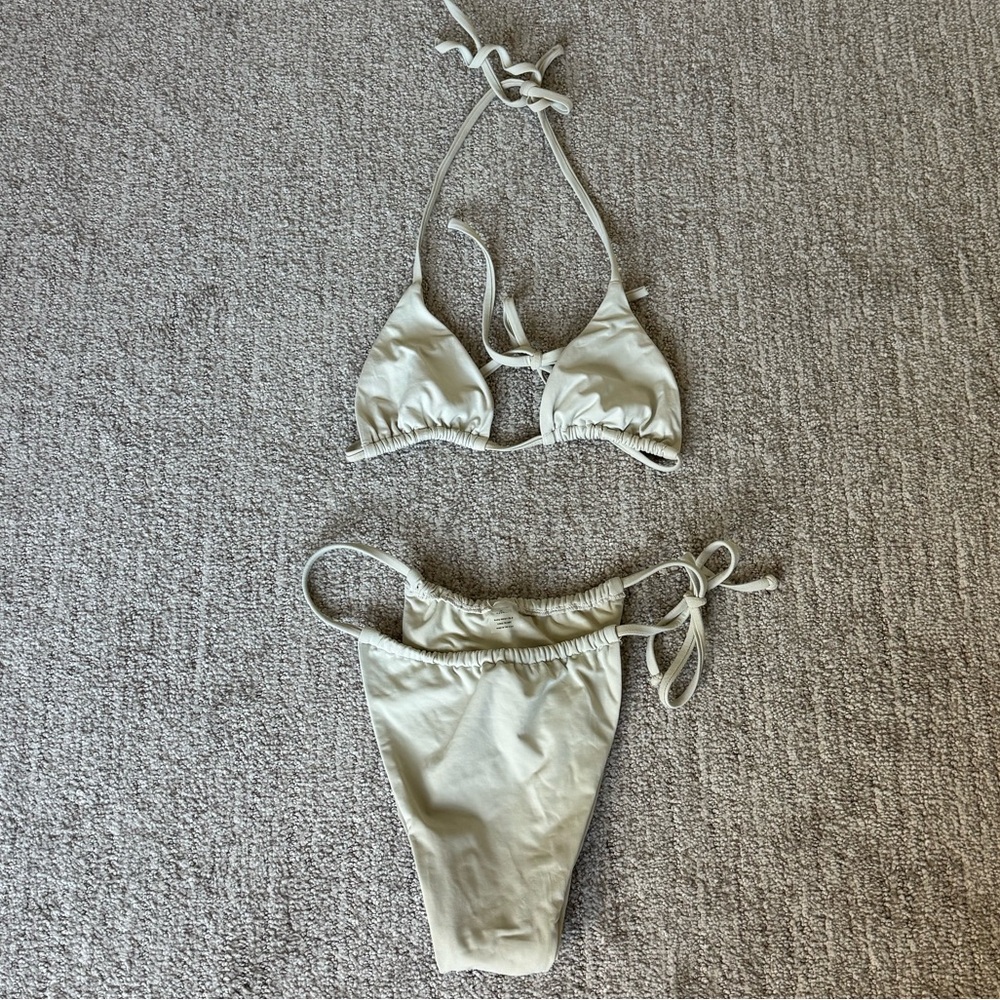 JOAH BROWN triangle bikini top + side tie bikini bottom in Dune - Picture 4 of 5